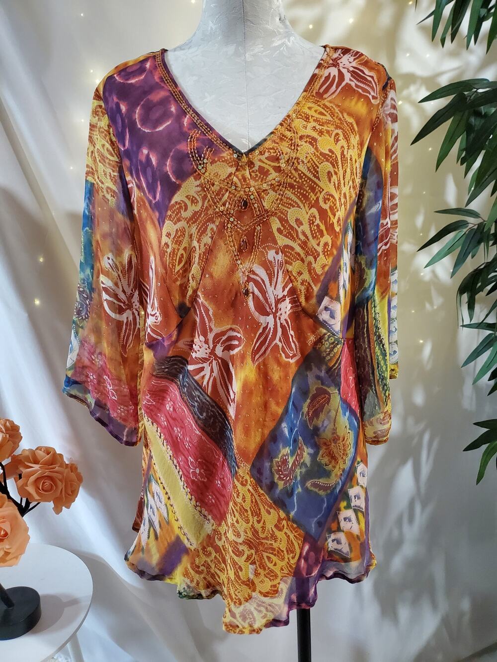 Vtg Avenue 100% Silk Embellished Sequin Tunic Blouse Plus Size 22/24 Boho Artsy